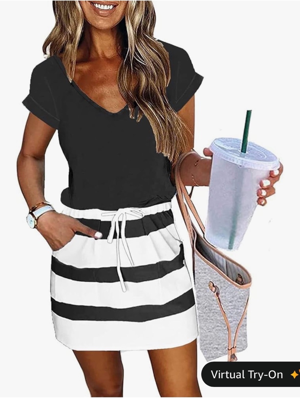 Casual Black & White Stripe Drawstring Skirt